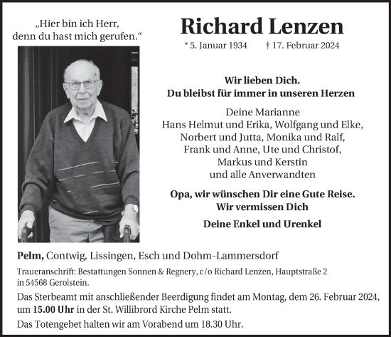 Traueranzeige von Richard Lenzen von WochenSpiegel