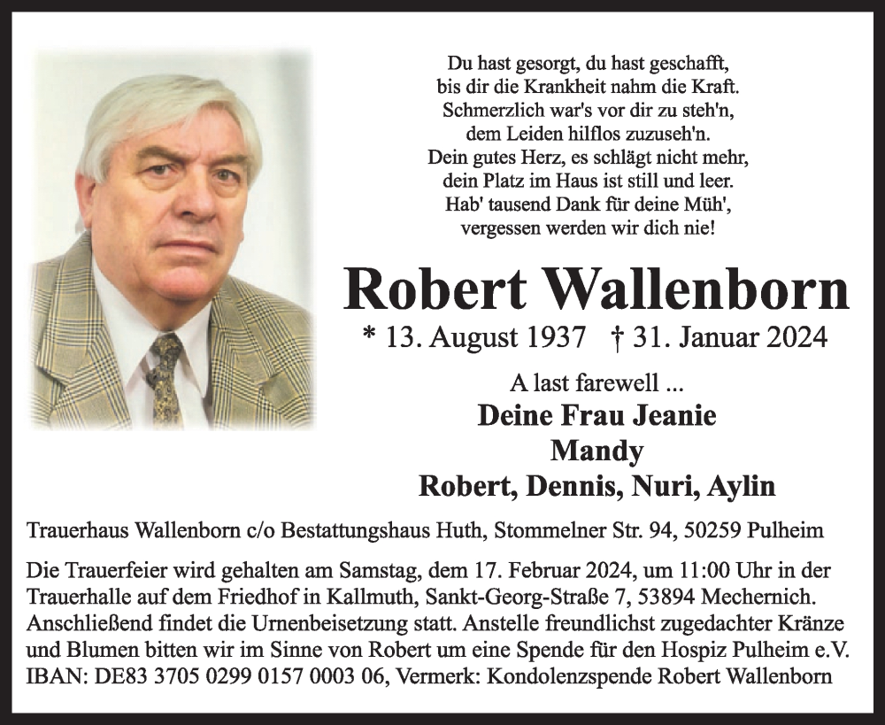  Traueranzeige für Robert Wallenborn vom 14.02.2024 aus WochenSpiegel