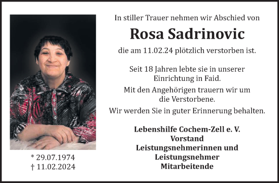 Traueranzeige von Rosa Sadrinovic von WochenSpiegel