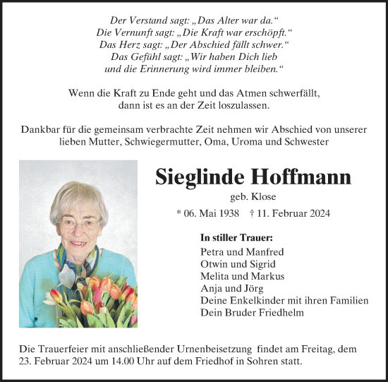 Traueranzeige von Sieglinde Hoffmann von WochenSpiegel