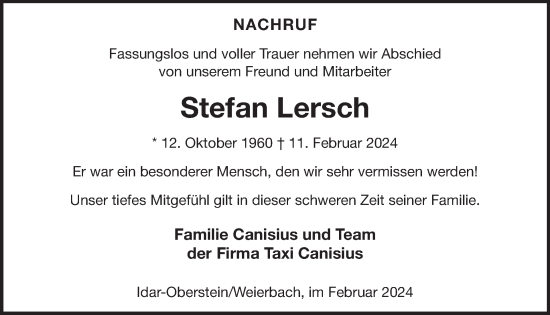 Traueranzeige von Stefan Lersch von WochenSpiegel