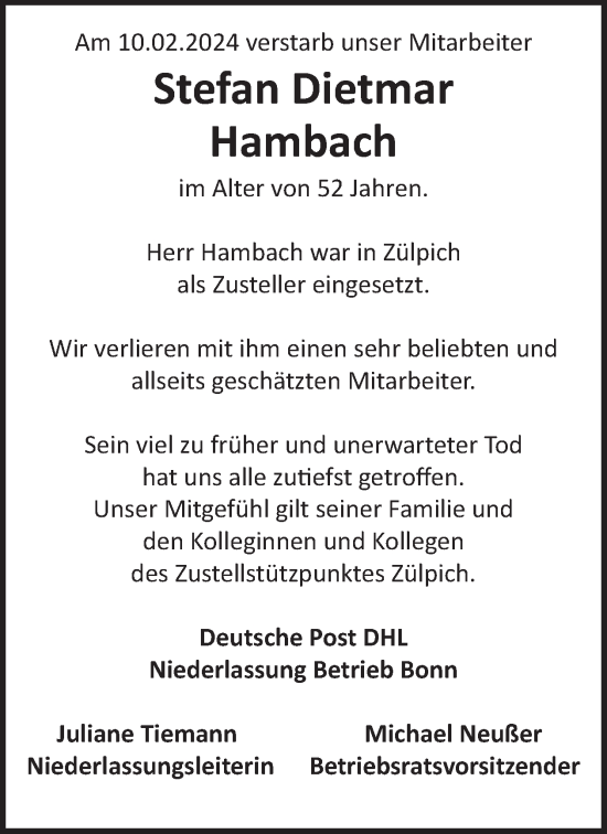Traueranzeige von Stefan Dietmar Hambach von WochenSpiegel