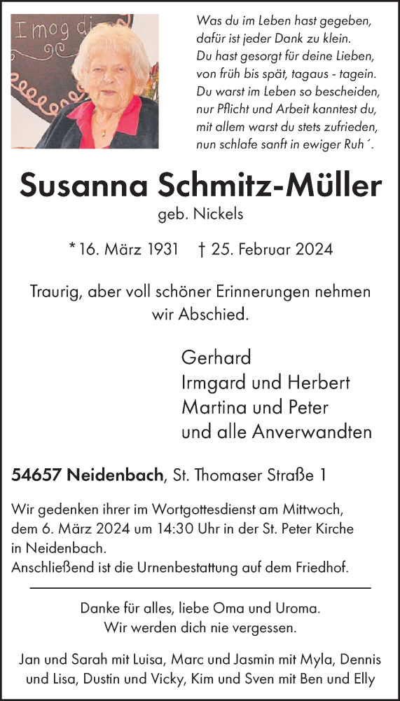  Traueranzeige für Susanna Schmitz-Müller vom 01.03.2024 aus WochenSpiegel