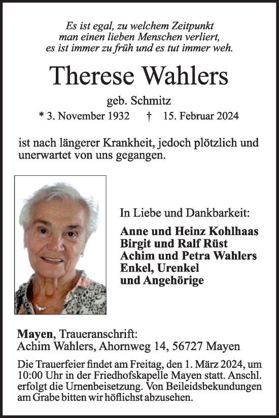 Traueranzeige von Therese Wahlers von WochenSpiegel