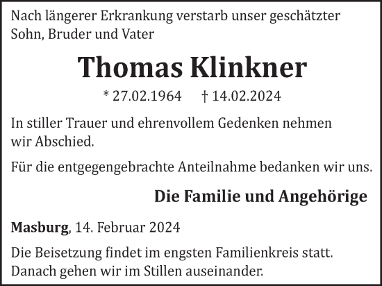 Traueranzeige von Thomas Klinkner von WochenSpiegel