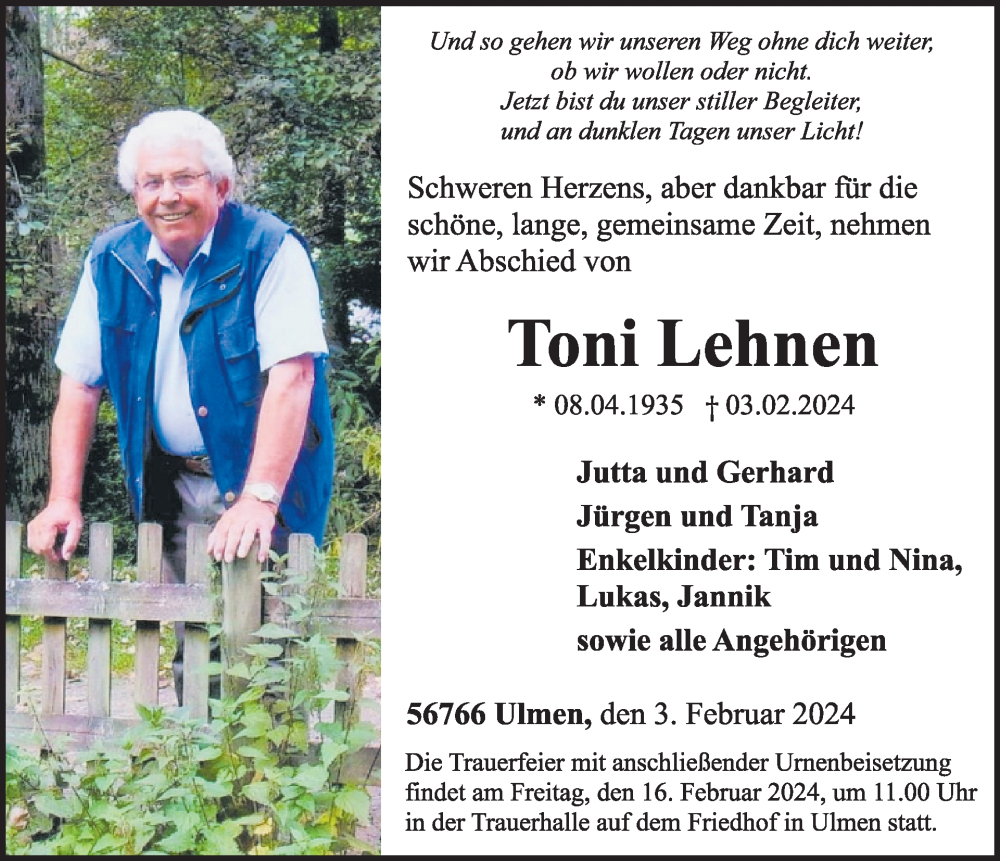  Traueranzeige für Toni Lehnen vom 07.02.2024 aus WochenSpiegel