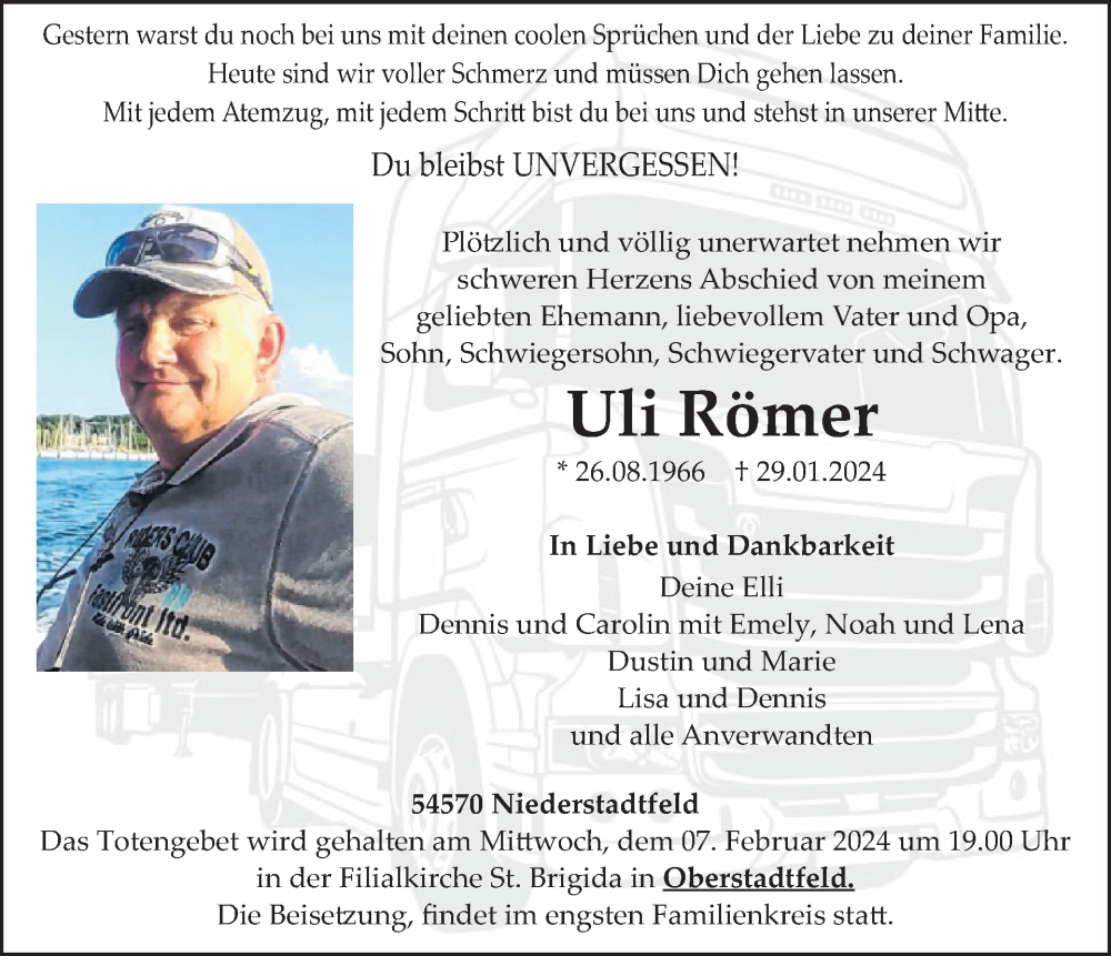  Traueranzeige für Uli Römer vom 03.02.2024 aus WochenSpiegel