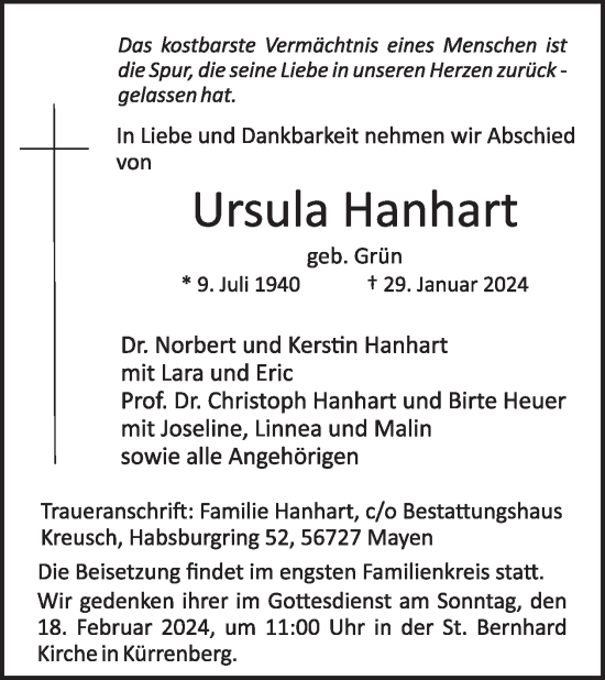 Traueranzeige von Ursula Hanhart von WochenSpiegel