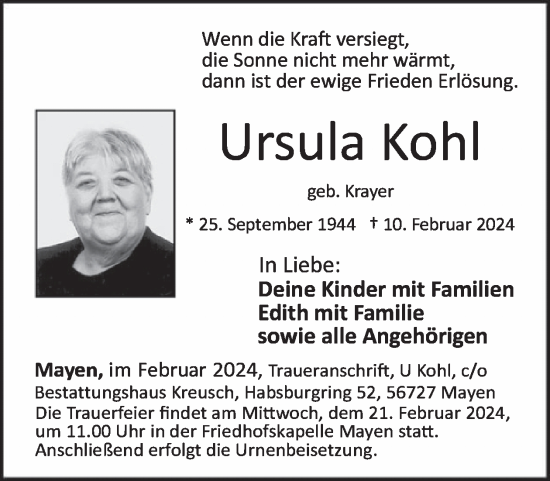 Traueranzeige von Ursula Kohl von WochenSpiegel