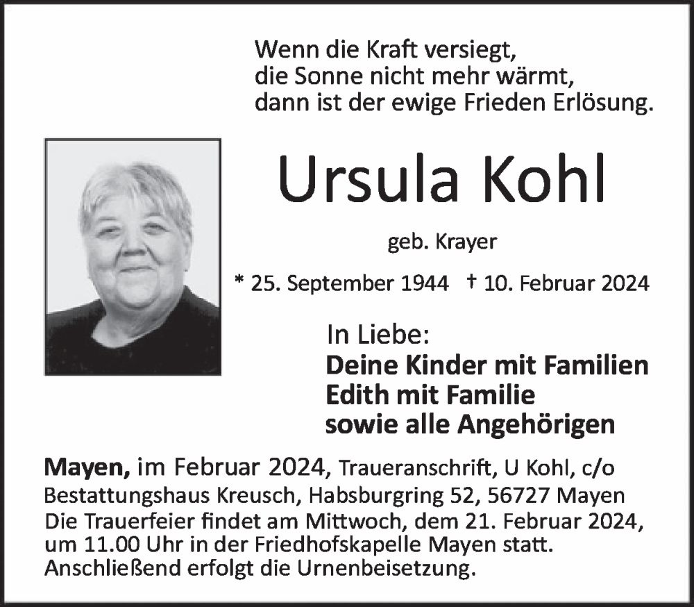  Traueranzeige für Ursula Kohl vom 21.02.2024 aus WochenSpiegel