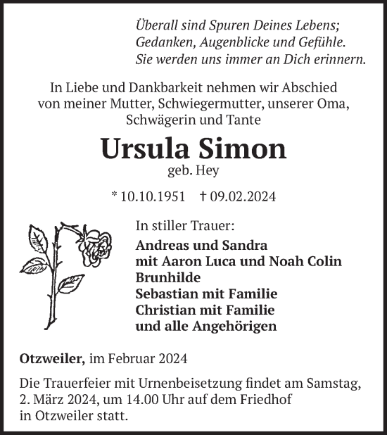 Traueranzeige von Ursula Simon von WochenSpiegel