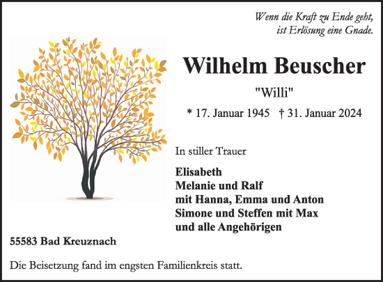 Traueranzeige von Wilhelm Beuscher von WochenSpiegel
