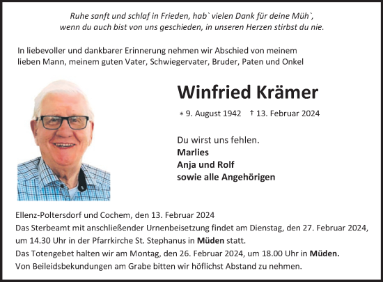 Traueranzeige von Winfried Krämer von WochenSpiegel
