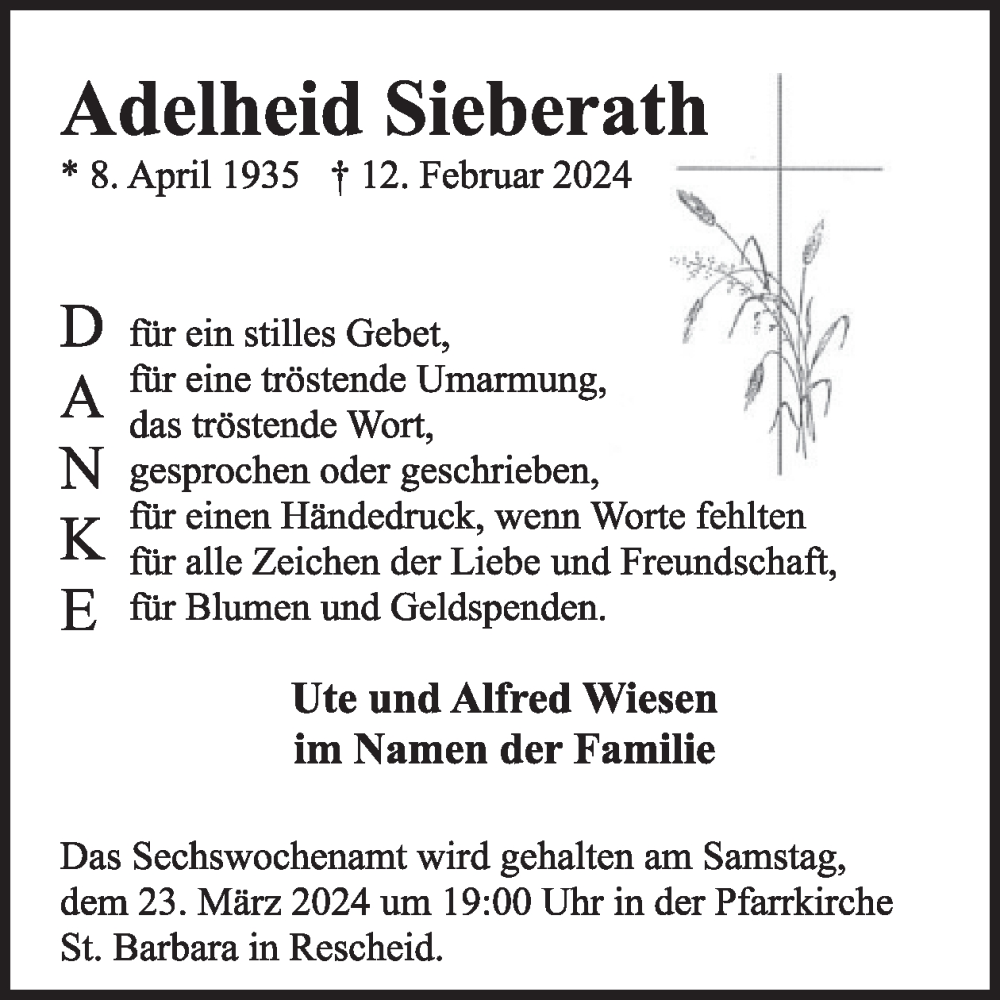  Traueranzeige für Adelheid Sieberath vom 20.03.2024 aus WochenSpiegel