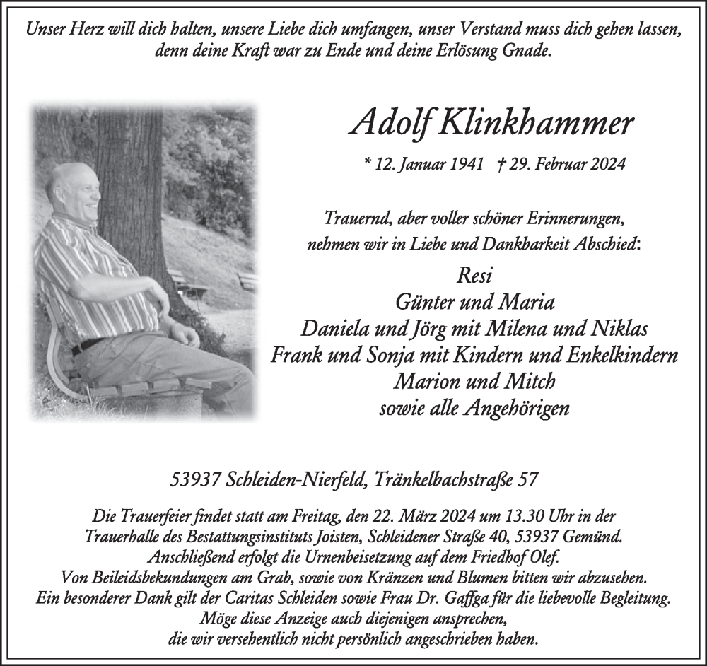  Traueranzeige für Adolf Klinkhammer vom 13.03.2024 aus WochenSpiegel