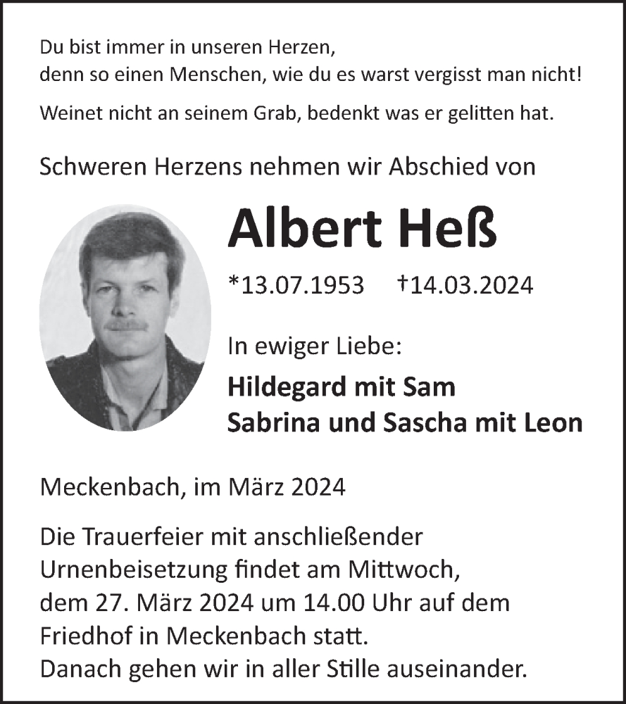  Traueranzeige für Albert Heß vom 23.03.2024 aus WochenSpiegel
