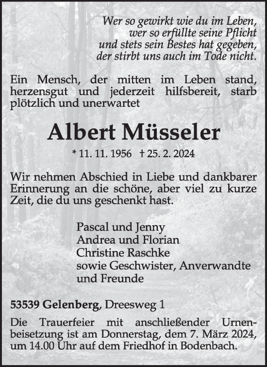 Traueranzeige von Albert Müsseler von WochenSpiegel