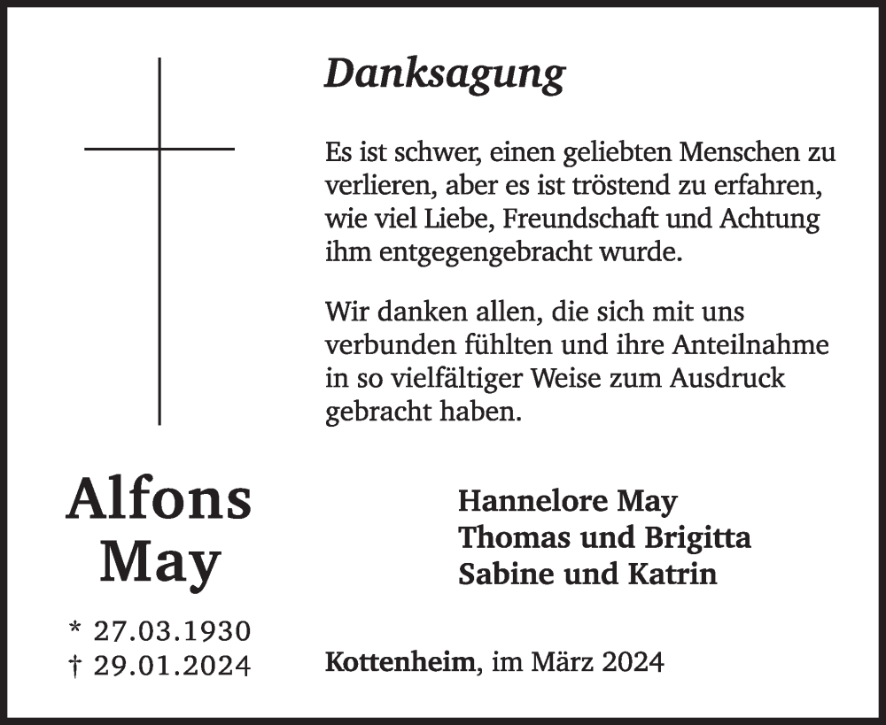  Traueranzeige für Alfons May vom 06.03.2024 aus WochenSpiegel