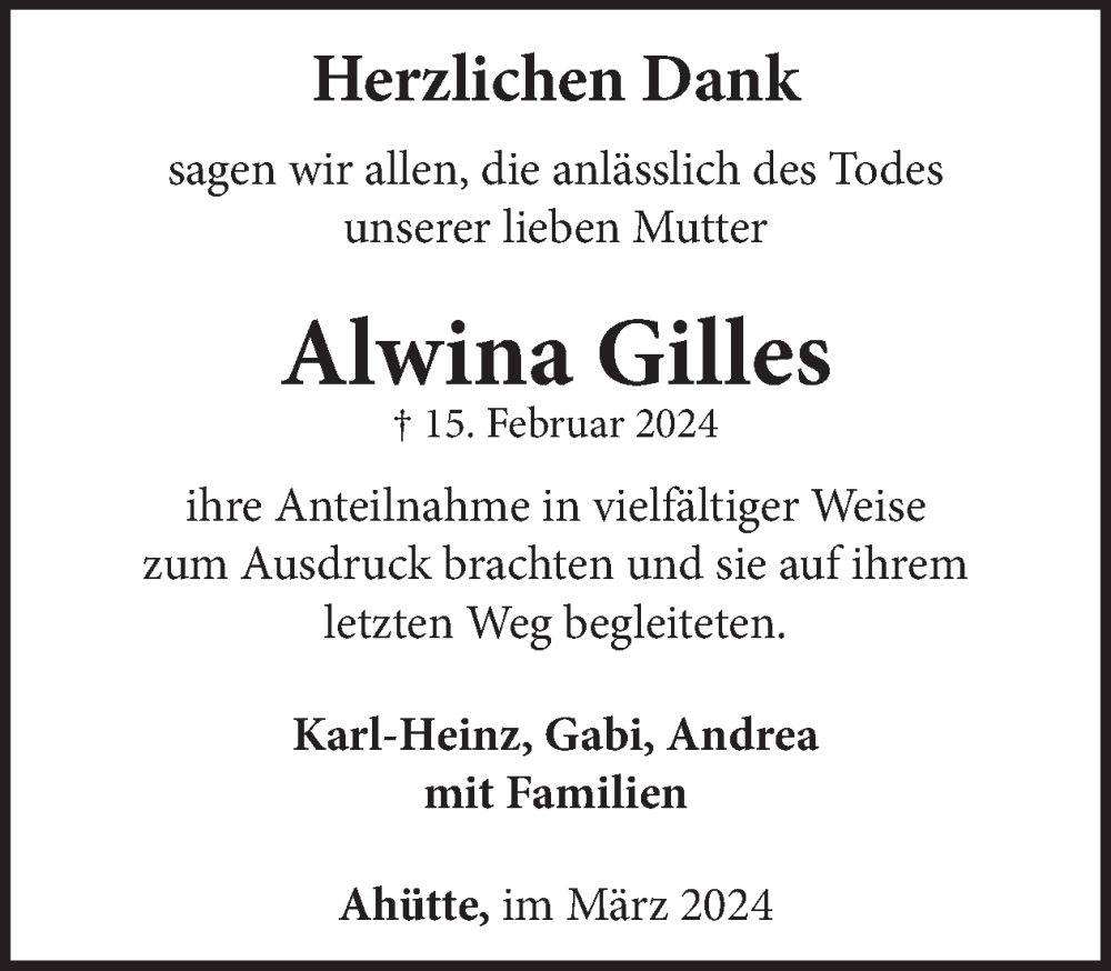  Traueranzeige für Alwina Gilles vom 30.03.2024 aus WochenSpiegel