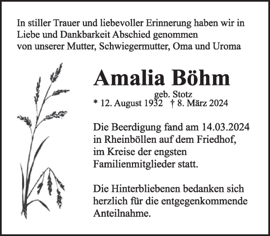 Traueranzeige von Amalia Böhm von WochenSpiegel