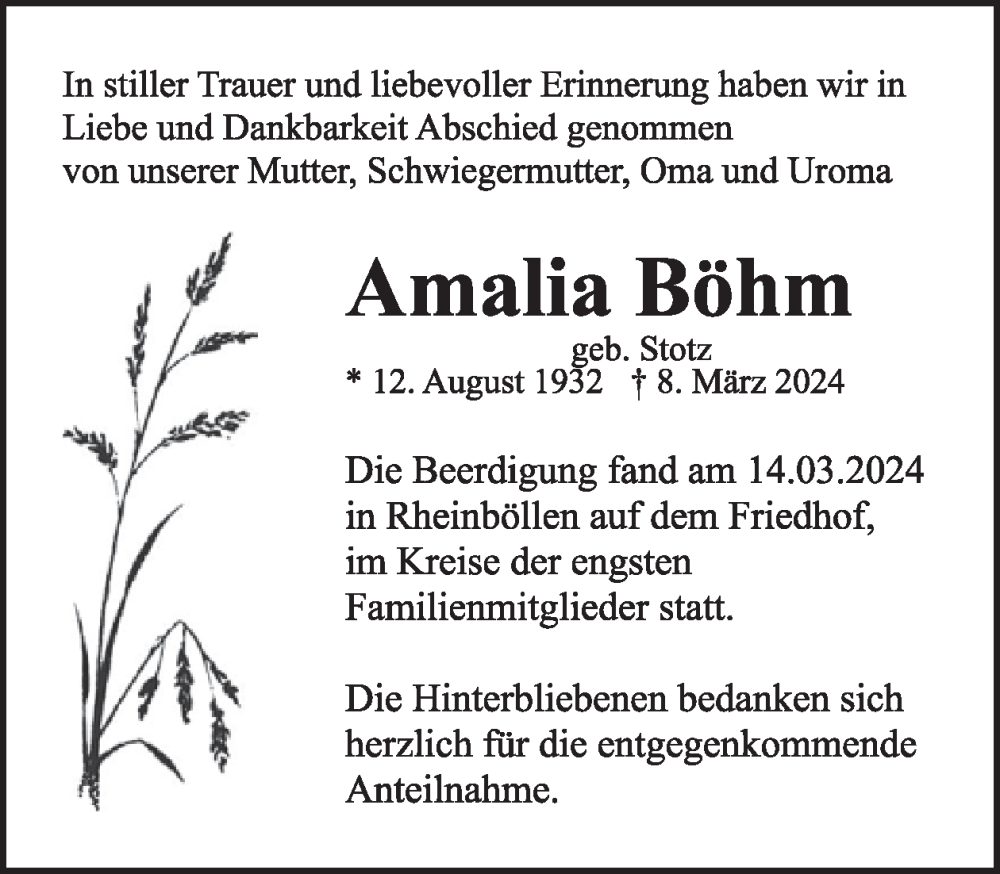  Traueranzeige für Amalia Böhm vom 16.03.2024 aus WochenSpiegel