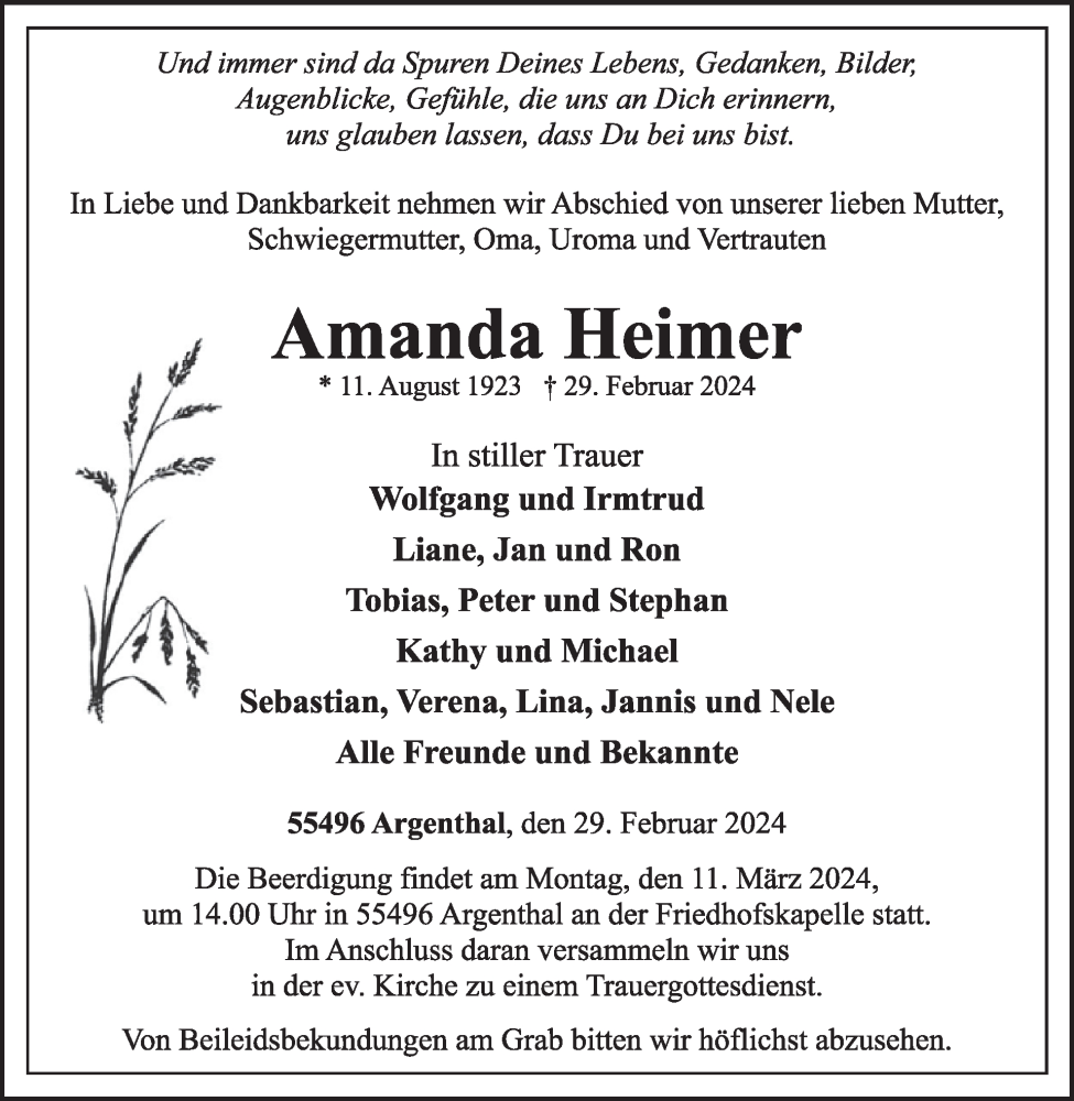  Traueranzeige für Amanda Heimar vom 09.03.2024 aus WochenSpiegel