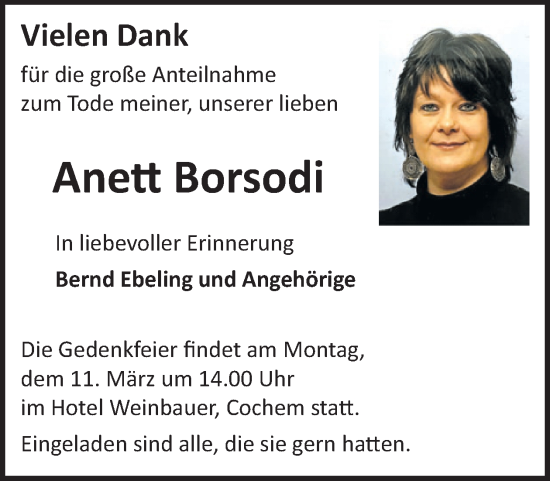 Traueranzeige von Anett Borsodi von WochenSpiegel
