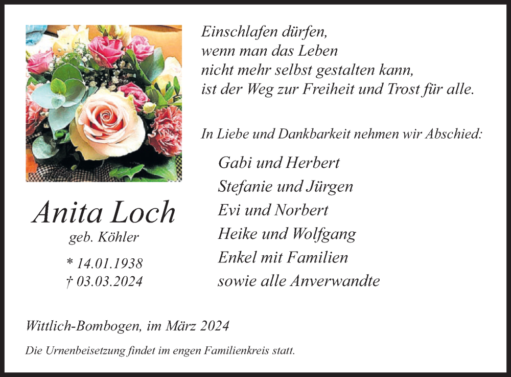  Traueranzeige für Anita Loch vom 08.03.2024 aus WochenSpiegel