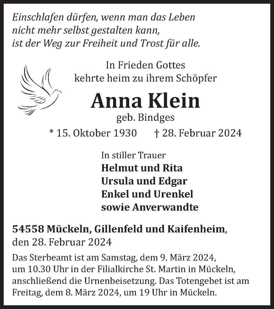  Traueranzeige für Anna Klein vom 09.03.2024 aus WochenSpiegel