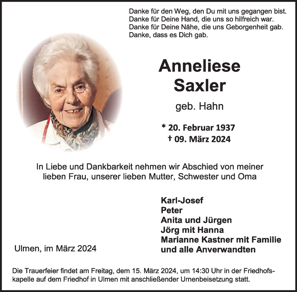  Traueranzeige für Anneliese Saxler vom 13.03.2024 aus WochenSpiegel
