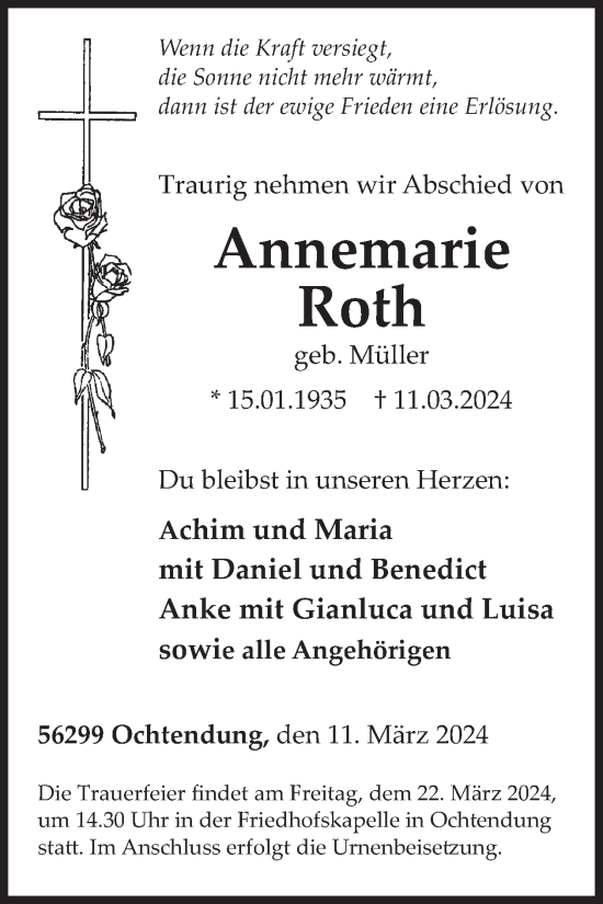 Traueranzeige von Annemarie Roth von WochenSpiegel