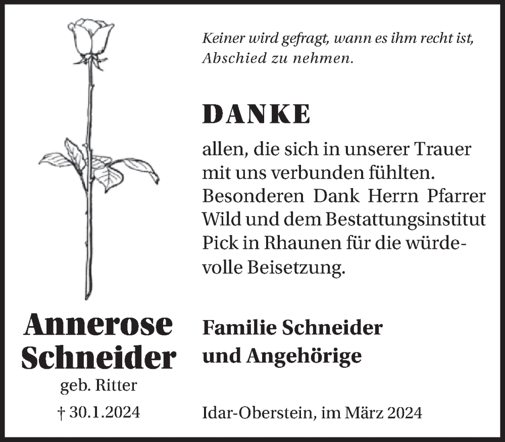 Traueranzeige für Annerose Schneider vom 09.03.2024 aus WochenSpiegel