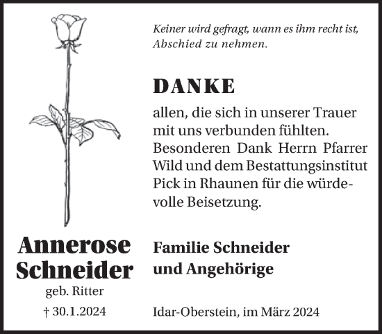 Traueranzeige von Annerose Schneider von WochenSpiegel