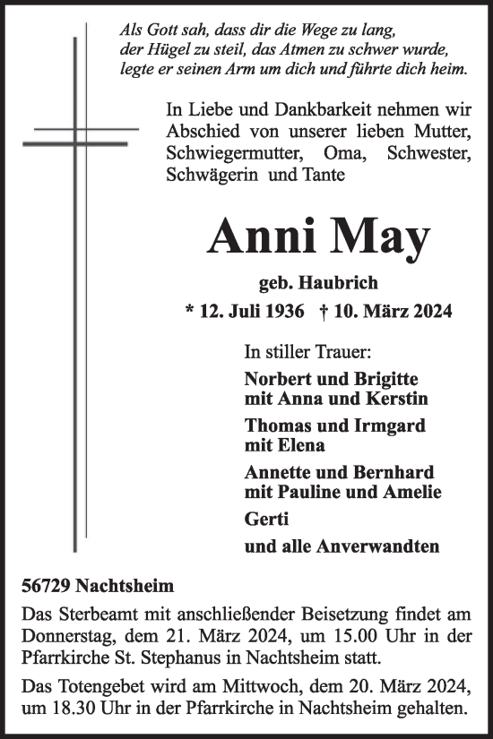 Traueranzeige von Anni May von WochenSpiegel