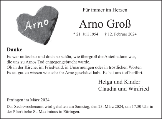 Traueranzeige von Arno Groß von WochenSpiegel
