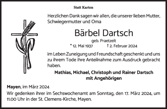 Traueranzeige von Bärbel Dartsch von WochenSpiegel