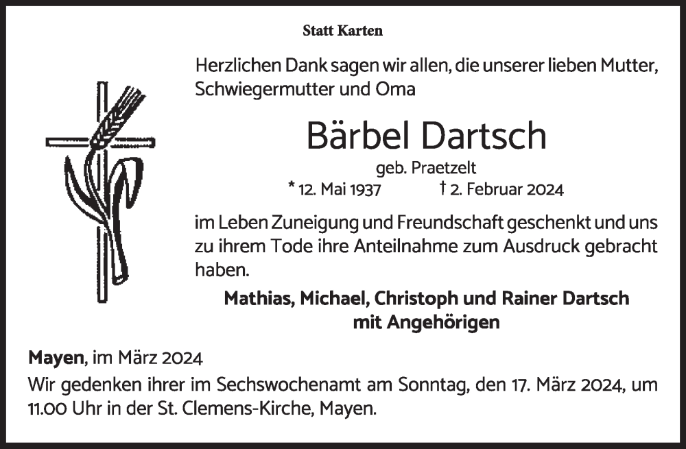  Traueranzeige für Bärbel Dartsch vom 13.03.2024 aus WochenSpiegel