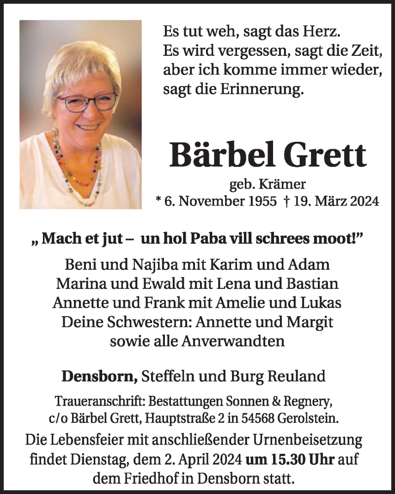  Traueranzeige für Bärbel Grett vom 30.03.2024 aus WochenSpiegel