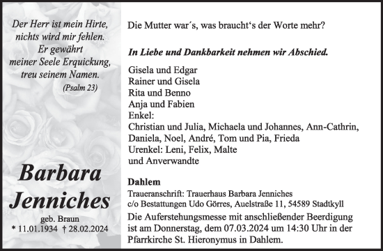 Traueranzeige von Barbara Jenniches von WochenSpiegel