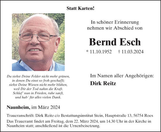 Traueranzeige von Bernd Esch von WochenSpiegel
