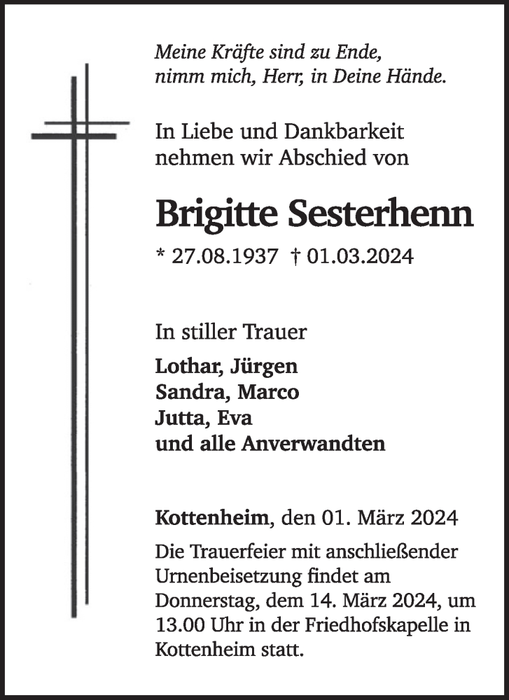  Traueranzeige für Brigitte Sesterhenn vom 06.03.2024 aus WochenSpiegel