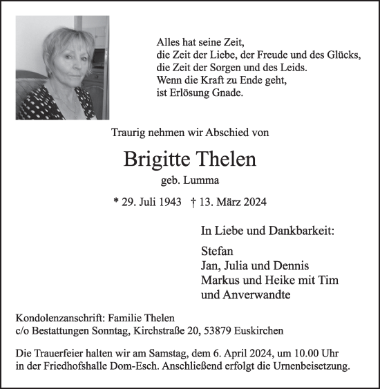 Traueranzeige von Brigitte Thelen von WochenSpiegel