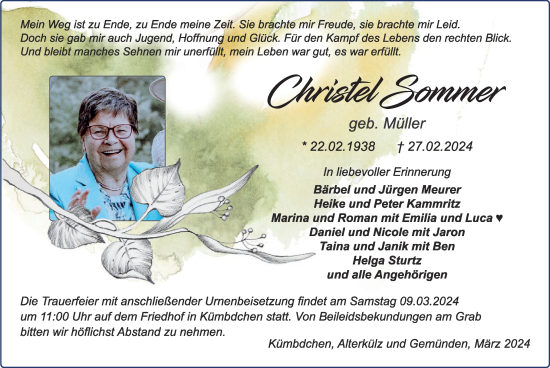 Traueranzeige von Christel Sommer von WochenSpiegel