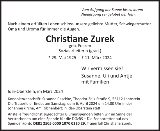 Traueranzeige von Christiane Zurek von WochenSpiegel