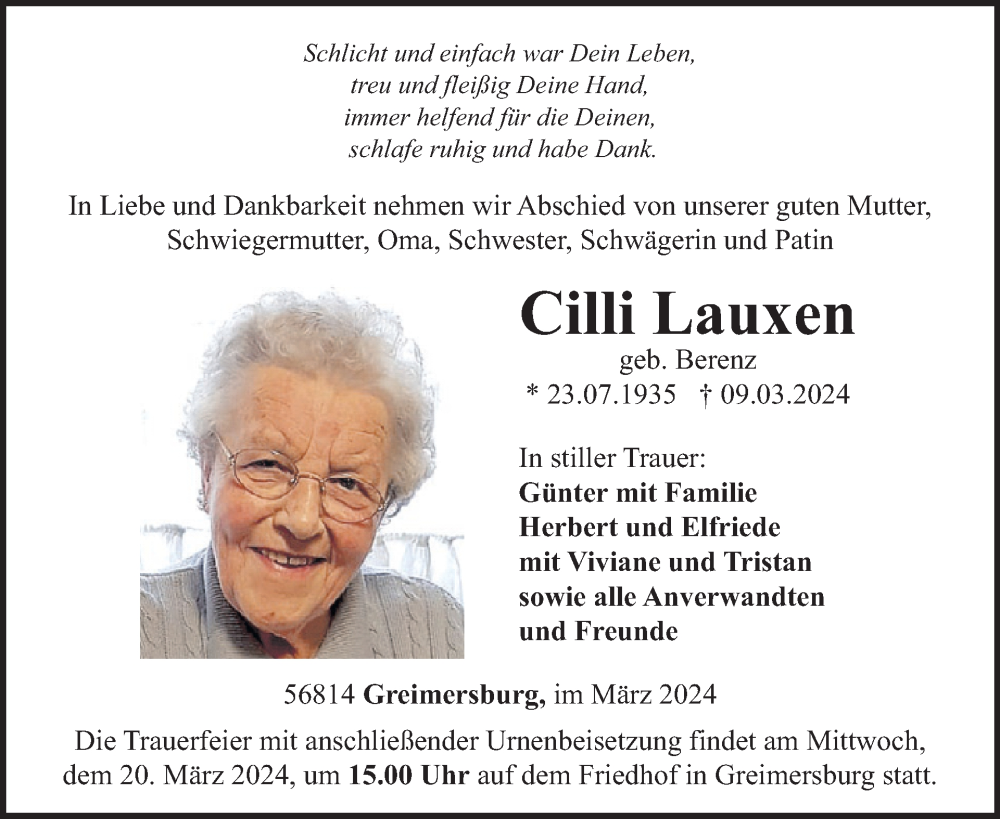  Traueranzeige für Cilli Lauxen  vom 13.03.2024 aus WochenSpiegel
