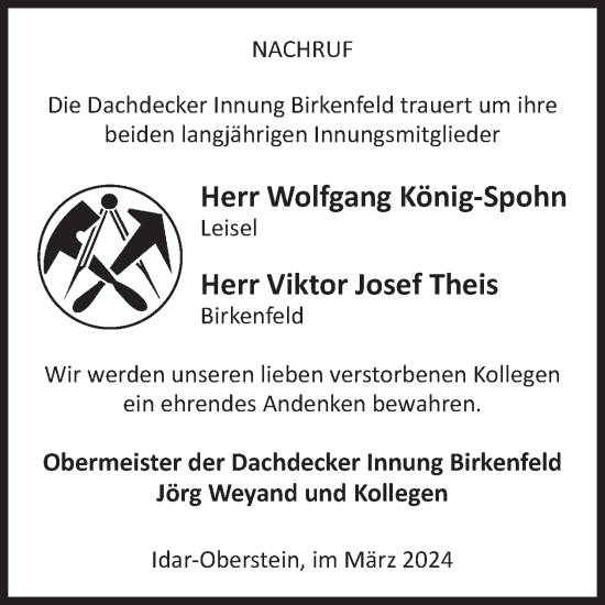 Traueranzeige von Die Dachdecker Innung Birkenfeld trauert um ihre beiden langjährigen Innungsmitglieder  von WochenSpiegel