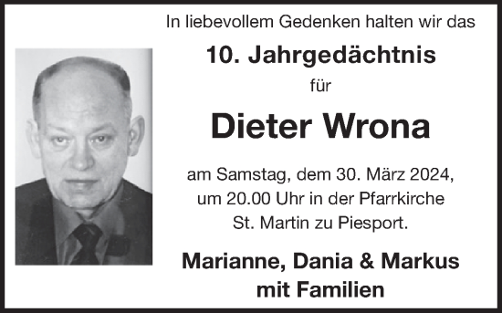 Traueranzeige von Dieter Wrona von WochenSpiegel