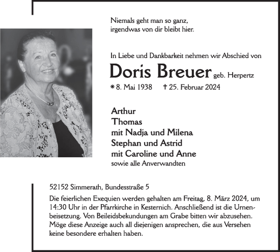 Traueranzeige von Doris Breuer von WochenSpiegel