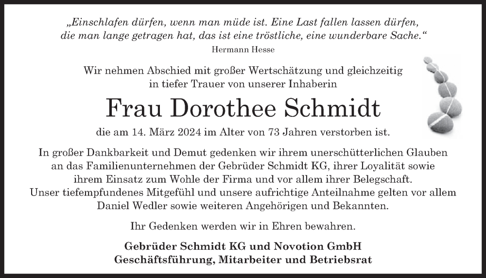  Traueranzeige für Dorothee Schmidt vom 23.03.2024 aus WochenSpiegel