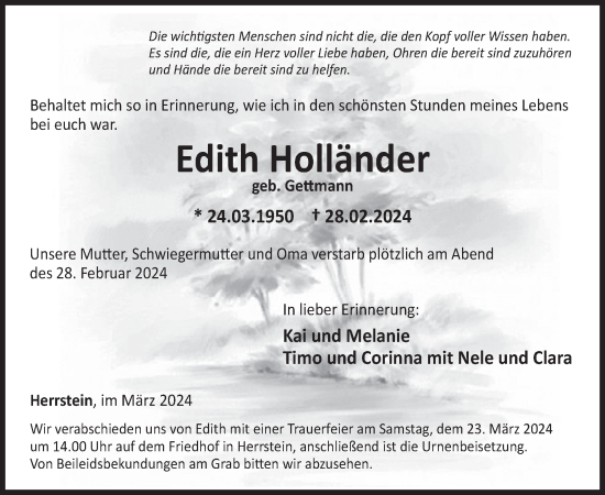 Traueranzeige von Edith Holländer von WochenSpiegel